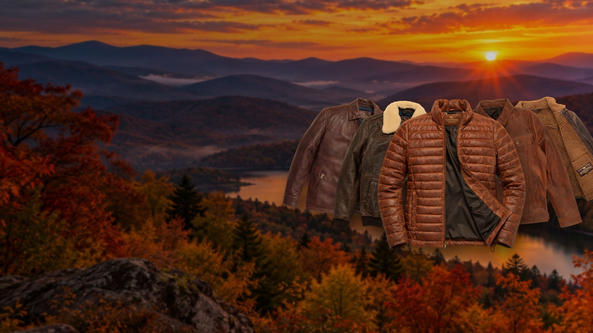 Buffalo Jackson leather jackets, including a shearling-collar jacket and quilted leather down jacket, against an autumn mountain sunset
