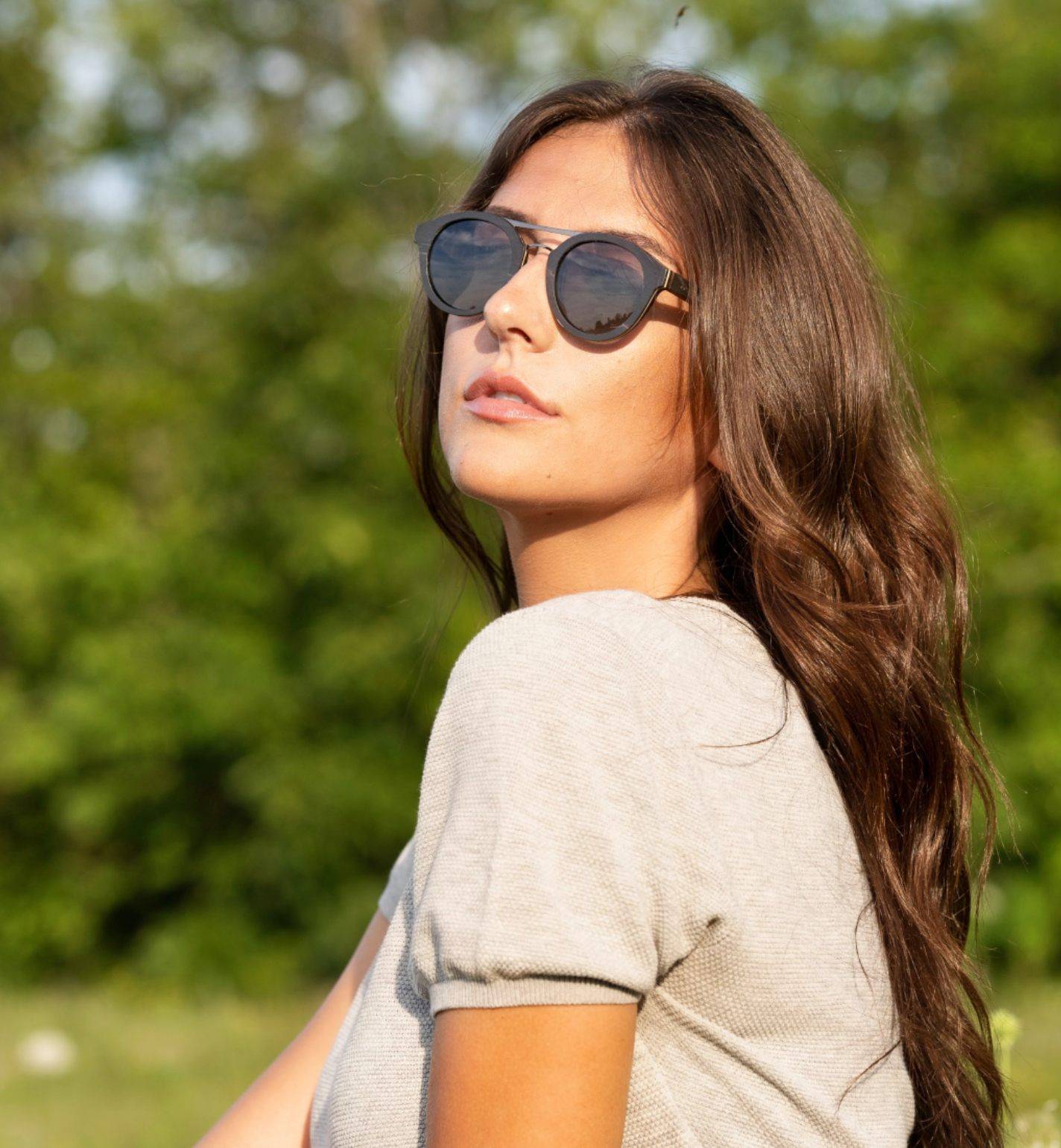 Woman wearing Ash, Wooden Aviator Sunglasses
