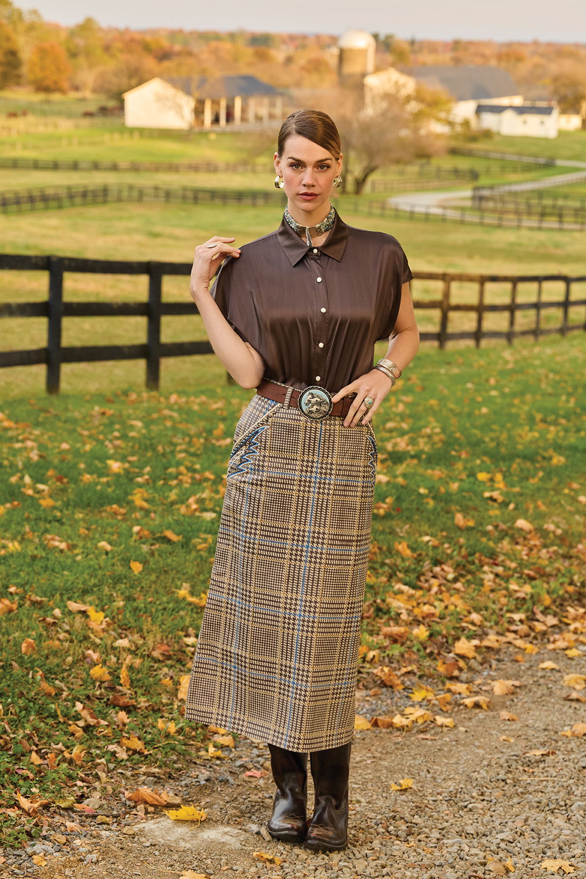 Lozzy wearing the Anna Blouse in Chiccory with the CallEm Square Long skirt paired with the Nicole Boot and vintage accessories.