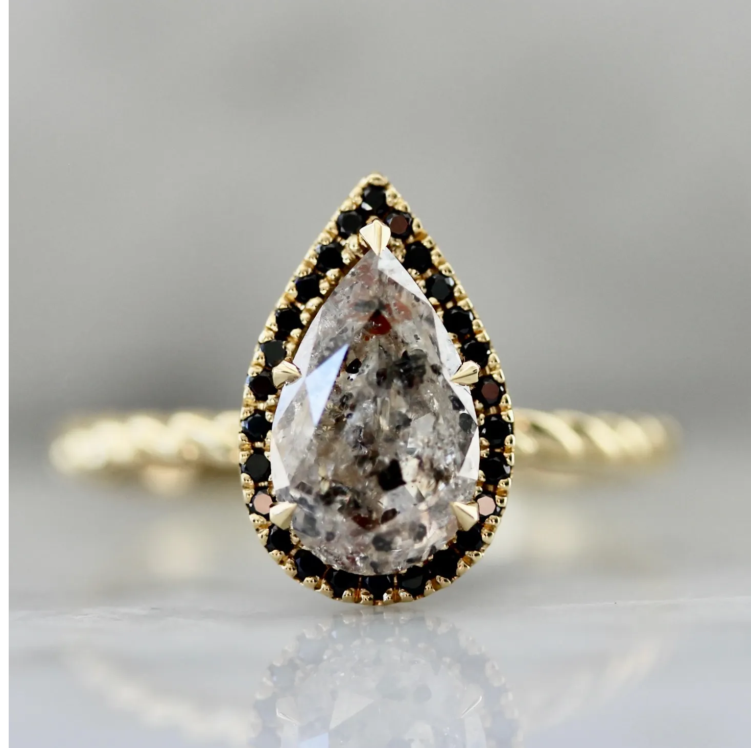 Salt and Pepper Pear Shaped Diamond Ring with Black Diamond Halo 