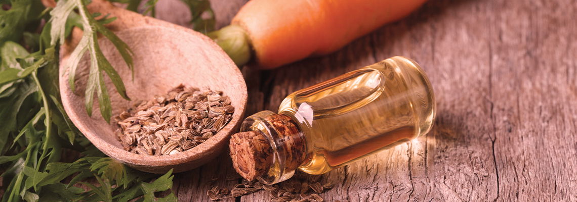 Carrot, herbs, and a small bottle of oil on a wooden surface.