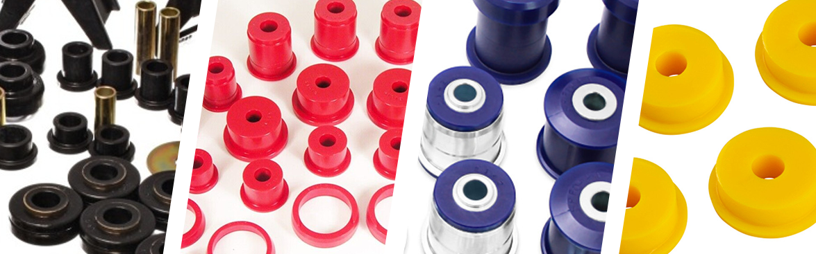 Photo collage of various bushings for off-road vehicle suspension.