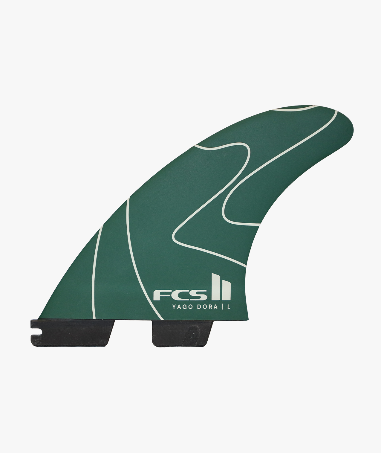Green surfboard fin with white design and FCS logo.