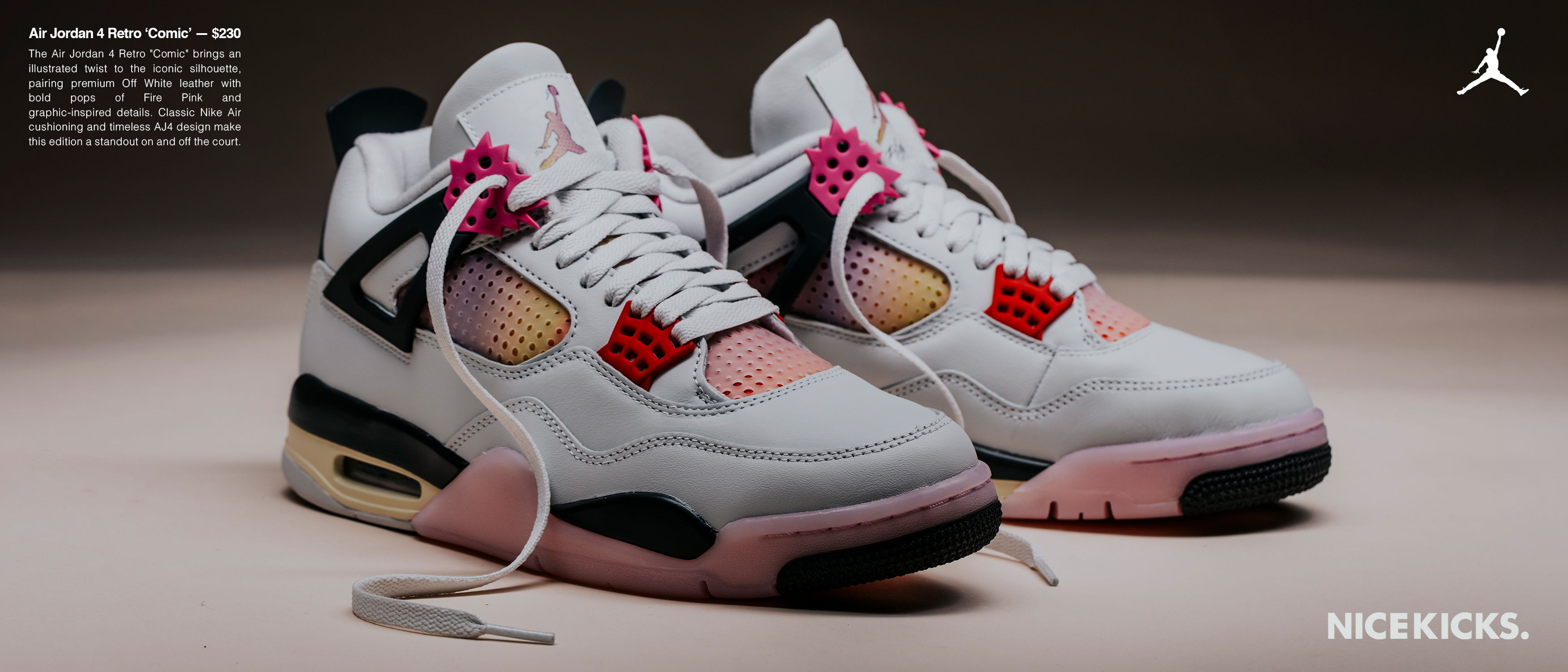 A pair of stylish white and pink Air Jordan sneakers.