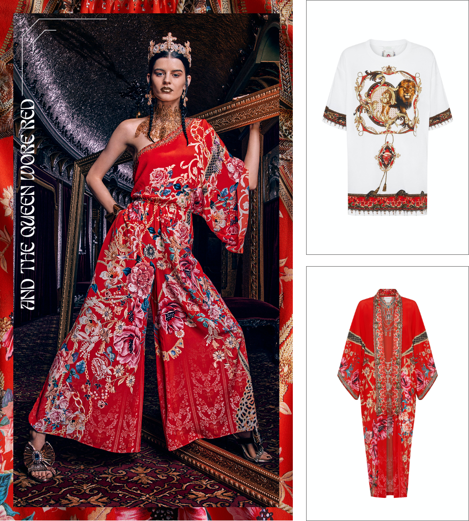 CAMILLA red floral jumpsuit, kimono and tshirt