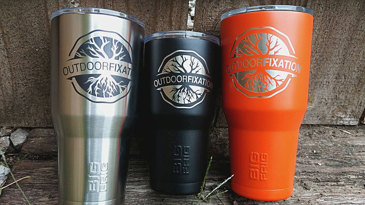 Outdoor Fixation Big Frig Tumblers in Steal, Black, and Orange