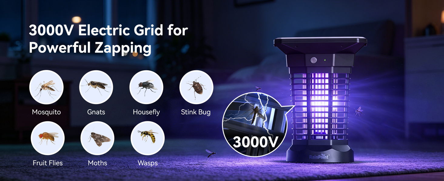 3000V electric grid for powerful zapping of insects.