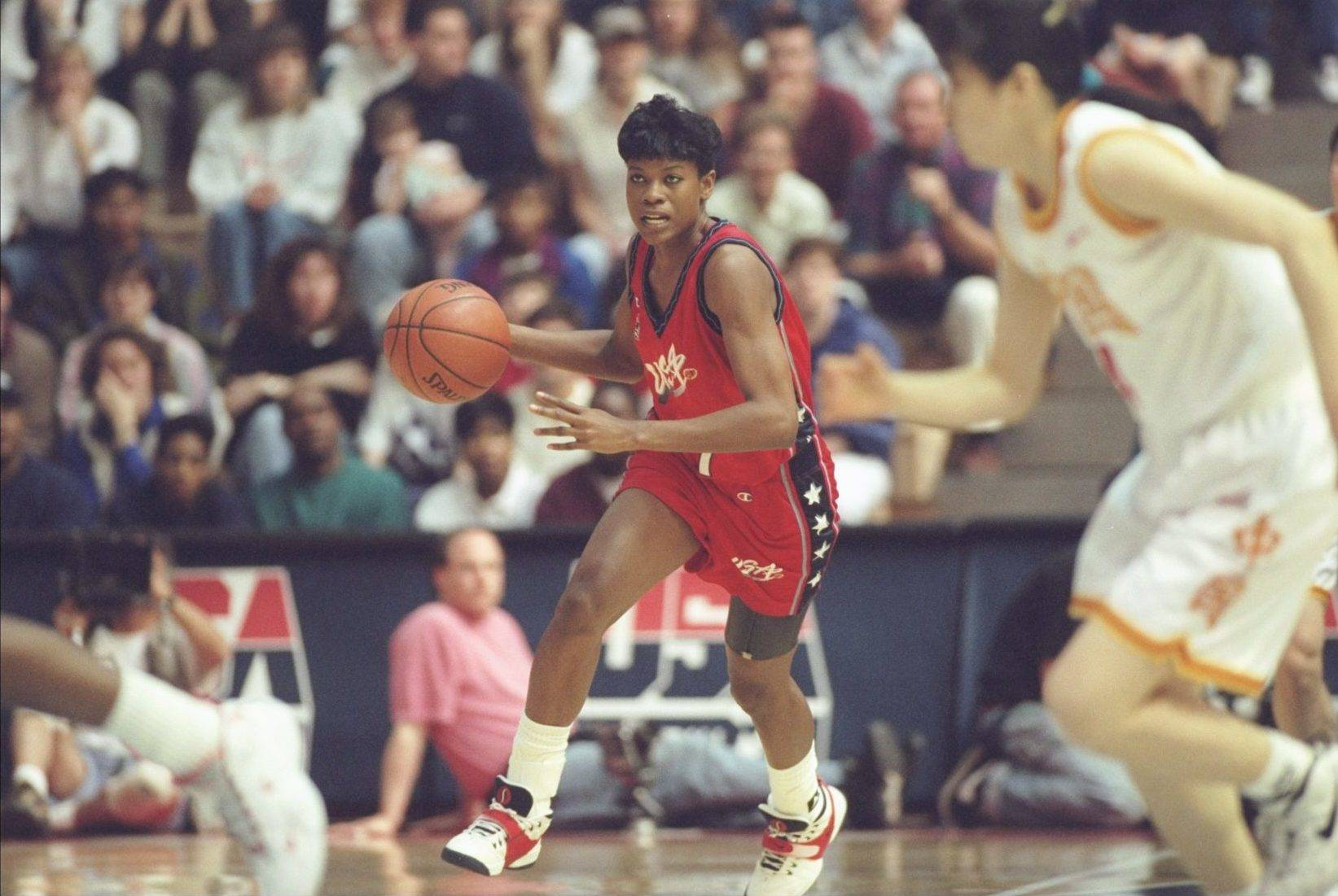 Sheryl Swoopes wearing her signature shoe in a 1996 Team USA exhibition game.
