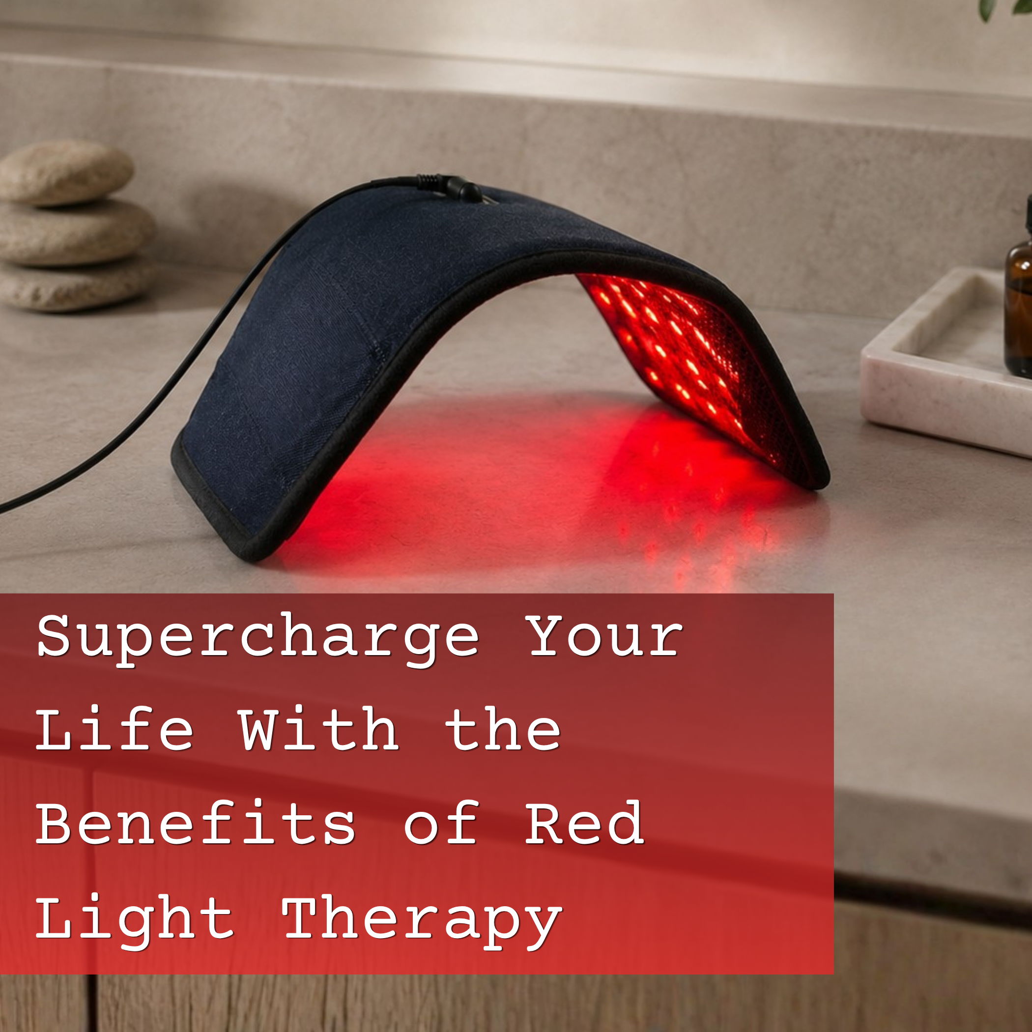 Red light therapy device on a countertop with promotional text.