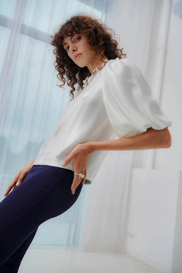 Galvan London High Neck Puffy Sleeves White Top
