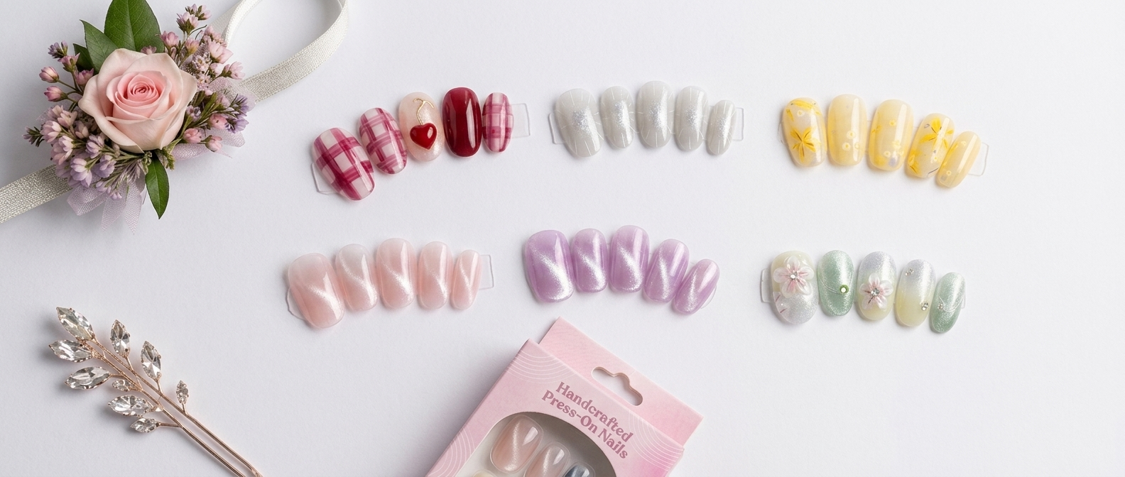 prom nail color swatches 2026 — soft pink, pearl white, cherry red, butter yellow, lavender, and chrome silver press-on nail shades