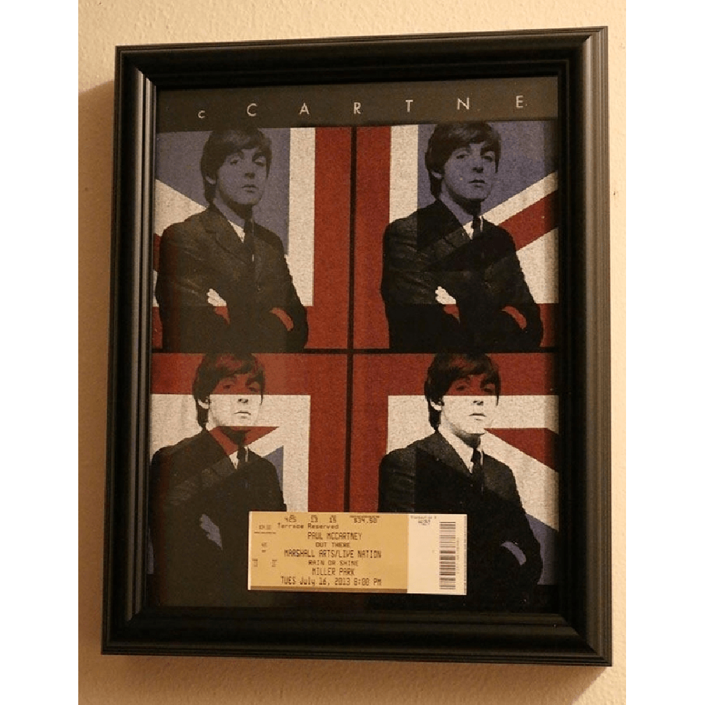 Paul McCartney t-shirt and concert ticket displayed in a Shart Premium Round T-Shirt Frame