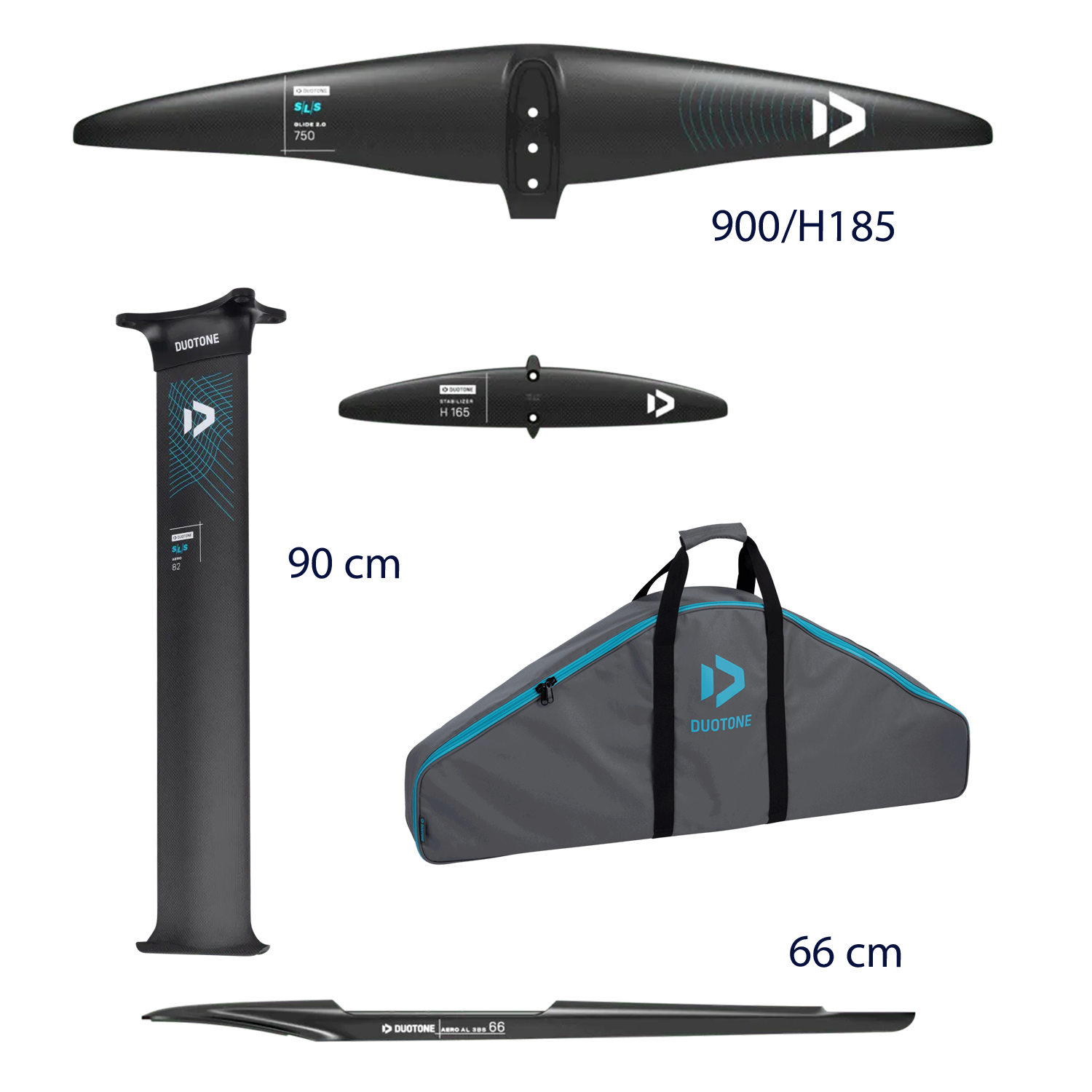 Foil board components: wings, mast, and carrying bag with dimensions.
