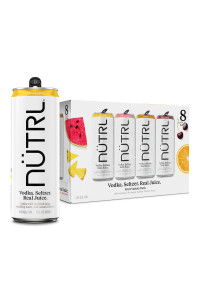 NÜTRL vodka soda beverage with real juice, featuring assorted flavors in packaging.