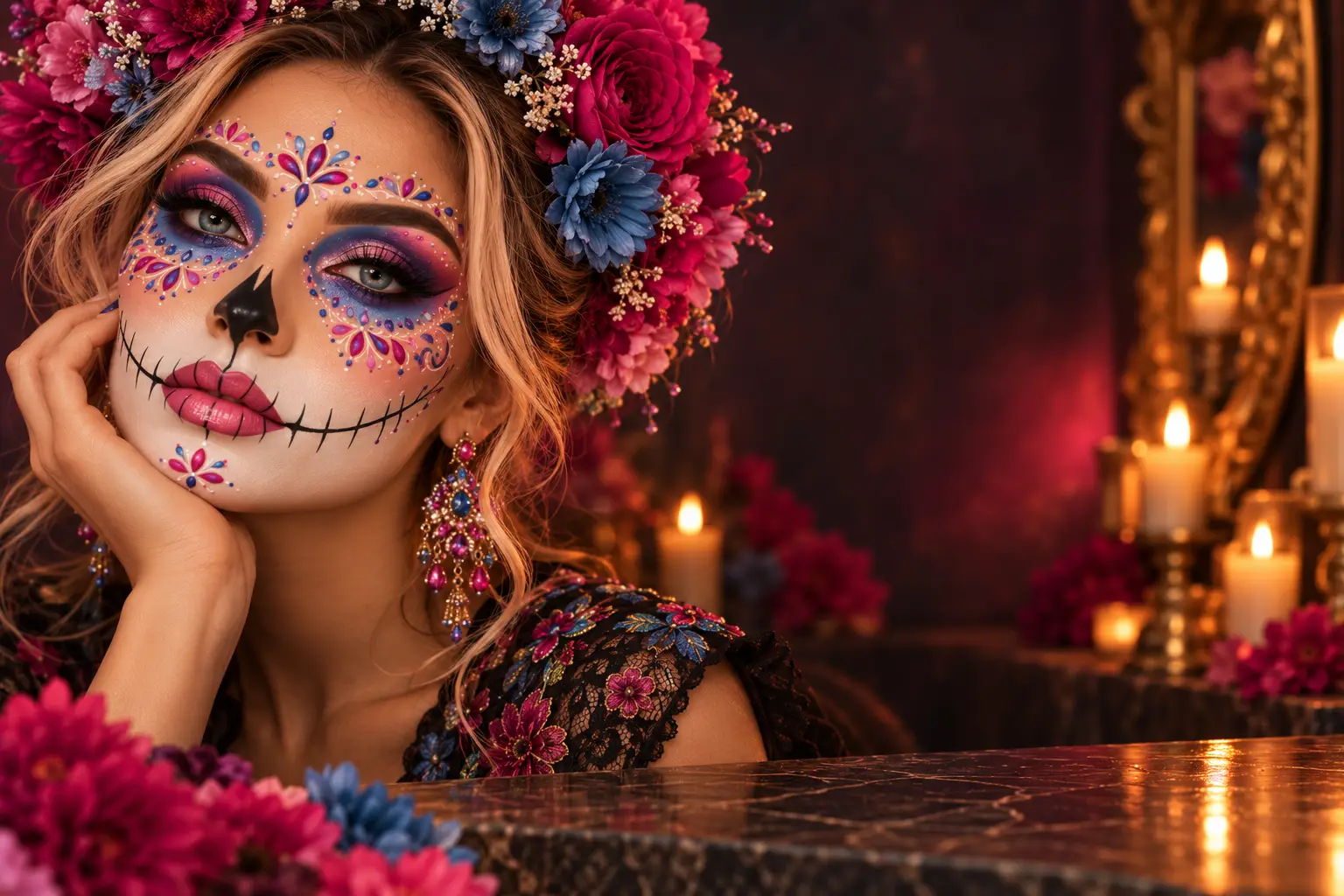Woman with colorful sugar skull makeup and floral headdress, surrounded by candles.