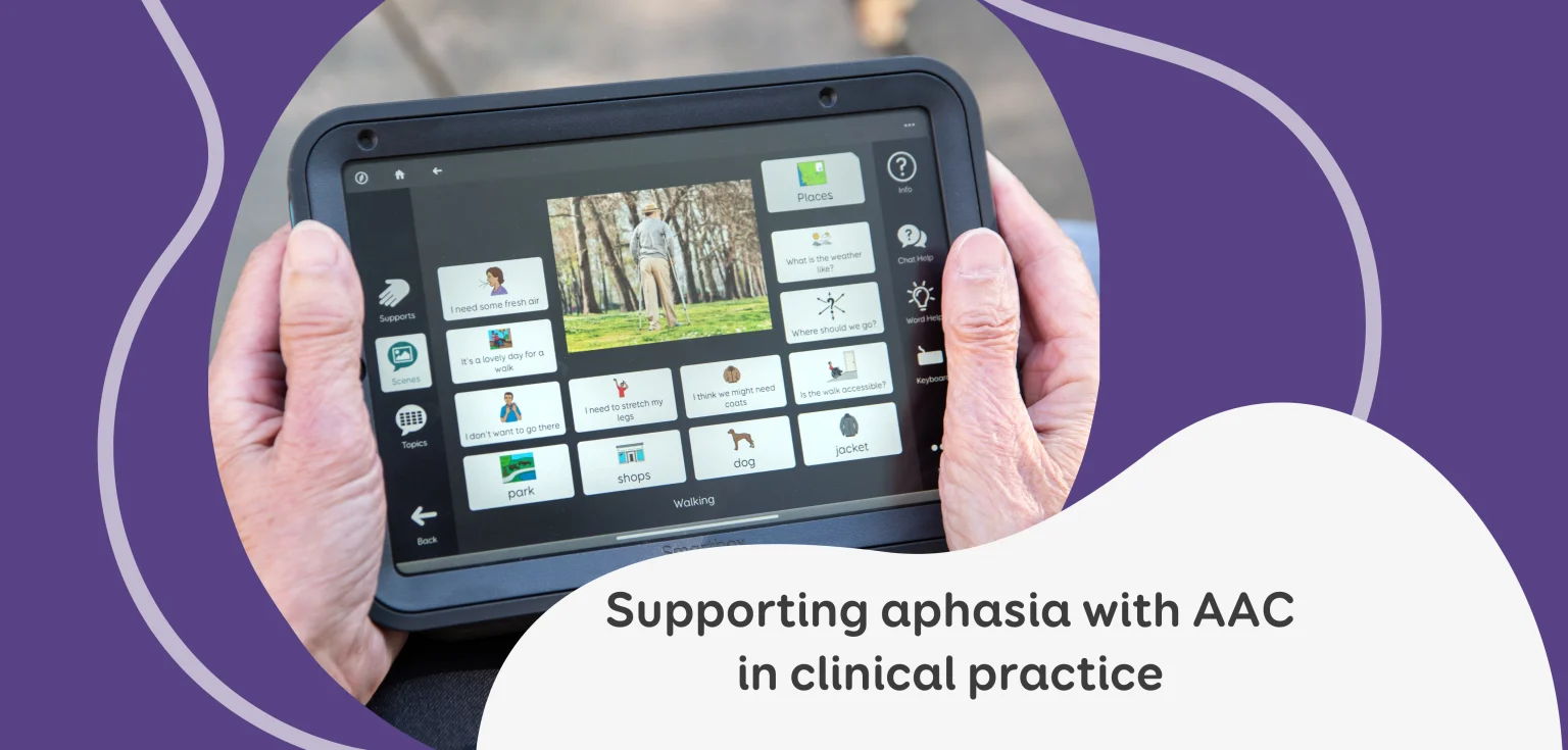 Person holding a Talk Pad displaying communication options for supporting aphasia.