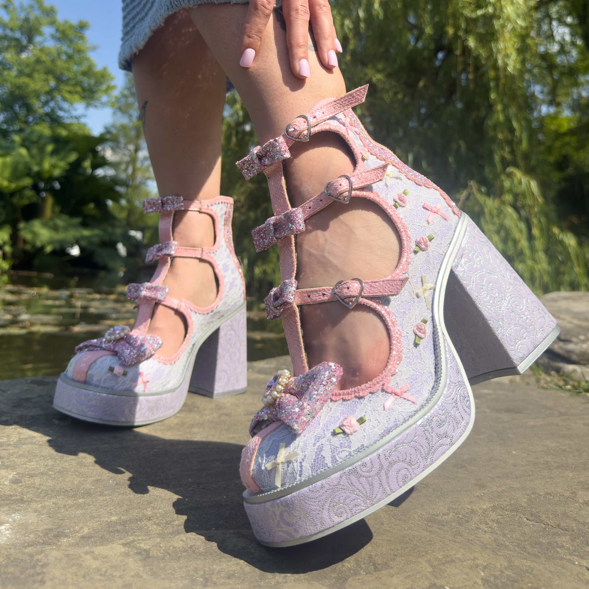 Block heeled platform cutout boots in lilac with cuter rose detailing