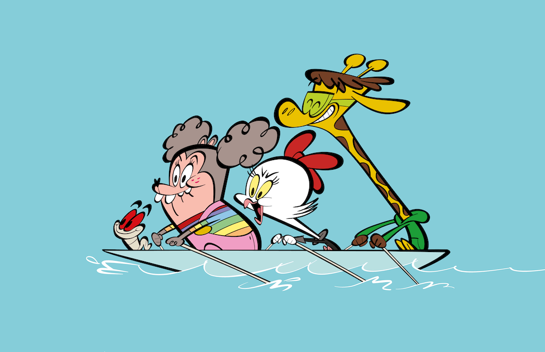 illustrated characters rowing a boat