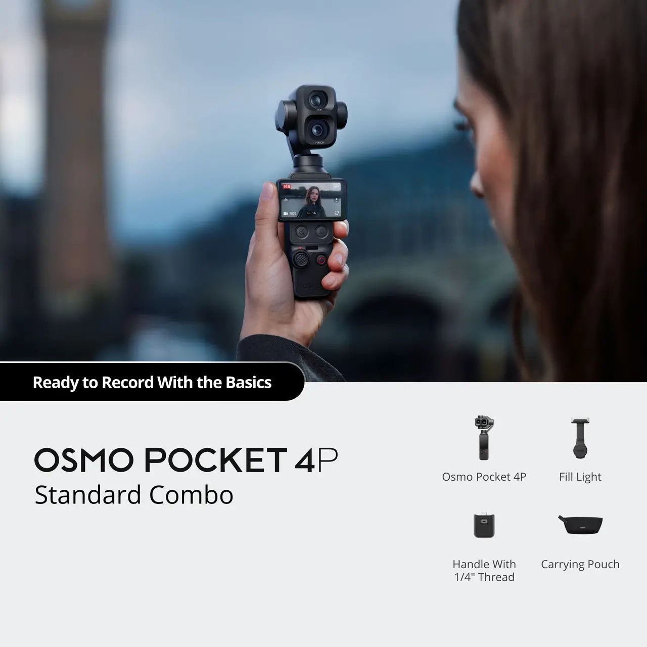 Osmo Pocket 4P Standard Combo with accessories and ready-to-record tagline.