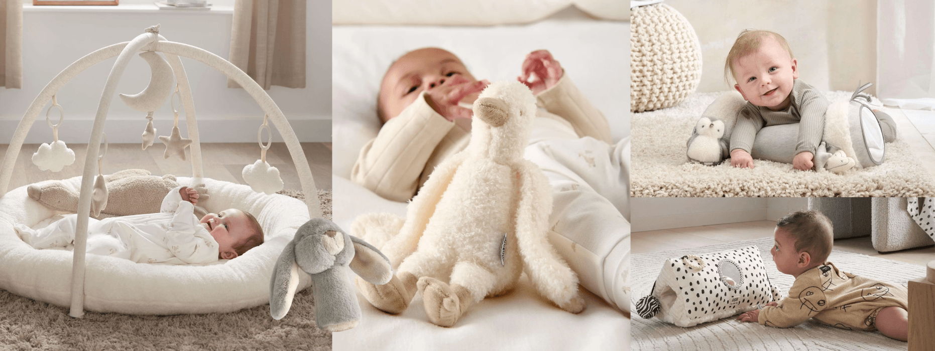 Babies playing and resting in cozy, neutral-colored settings.