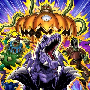 yugioh maze of muertos card list - Four cartoon monsters with vibrant colors and dynamic poses, surrounded by electric effects.