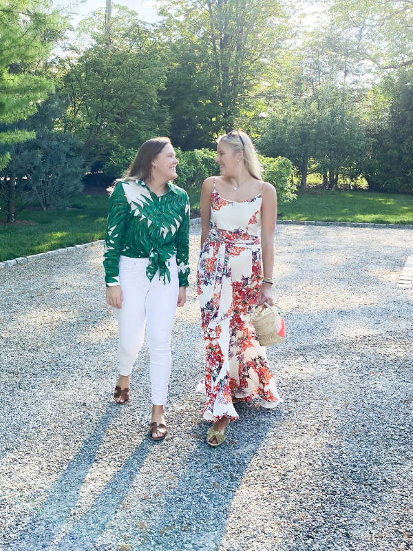 Breck and Grier wearing green cotton shirt and white floral printed silk skirt and wrap top by Ala von Auersperg