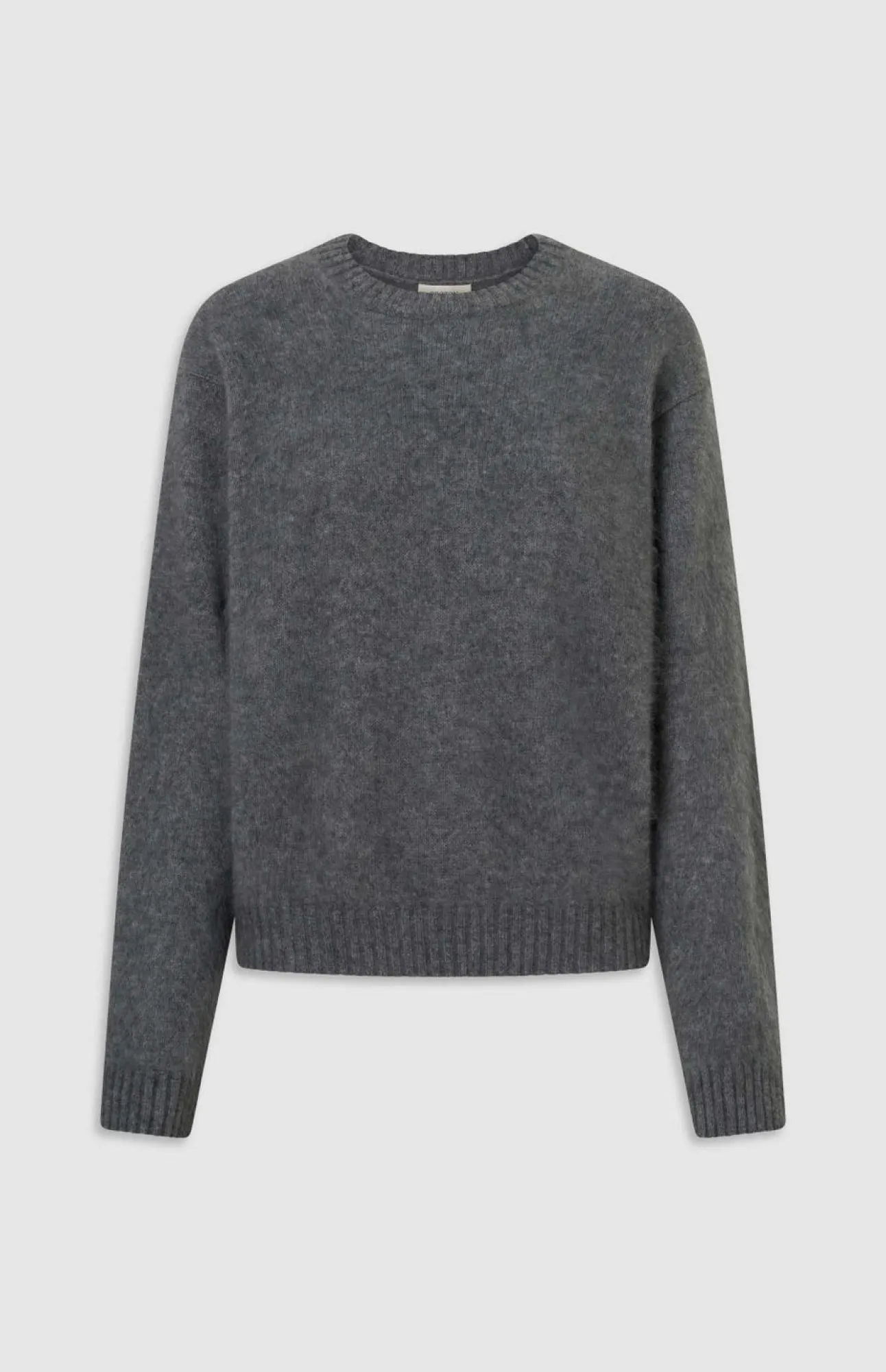 Gray sweater with long sleeves and a round neckline.