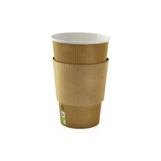 A coffee cup with a paper sleeve