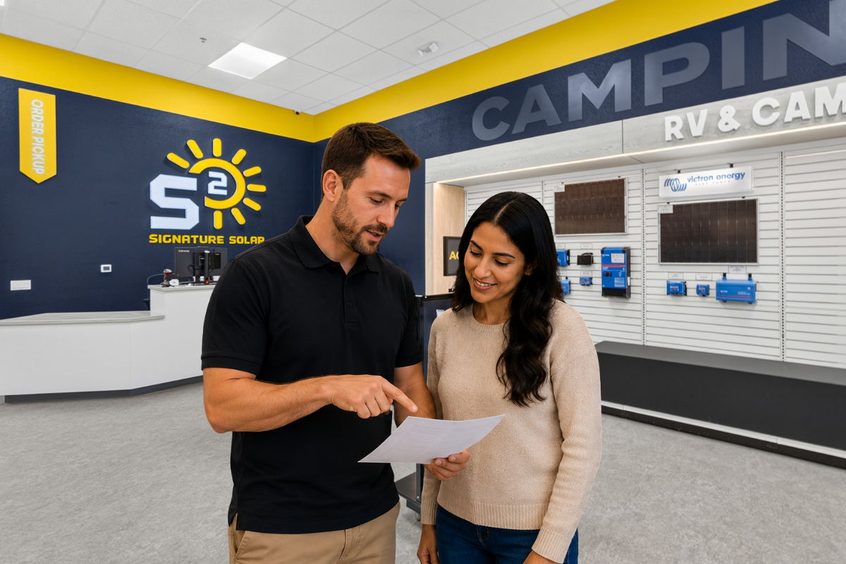 Two people discussing a document in a retail store.