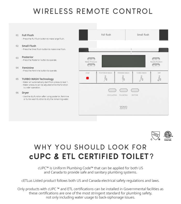 wireless remote control , Why you should look for cUPC ETL certified toilet? cUPC is the most stringent certification for plumbing standard that only certified toilet can be installed in governmental facilities