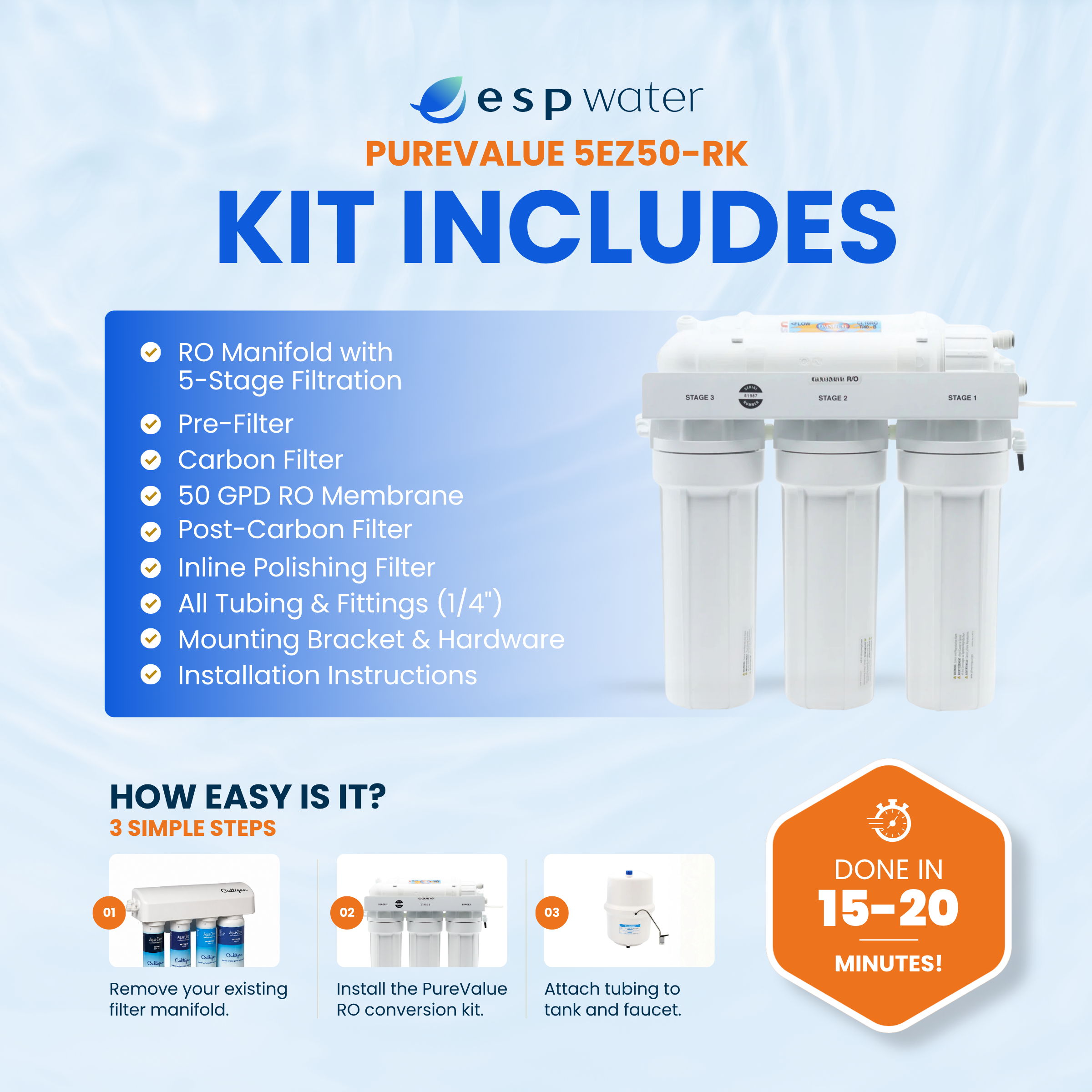 ESP Water PureValue SE250-RK kit includes filtration components and installation instructions.