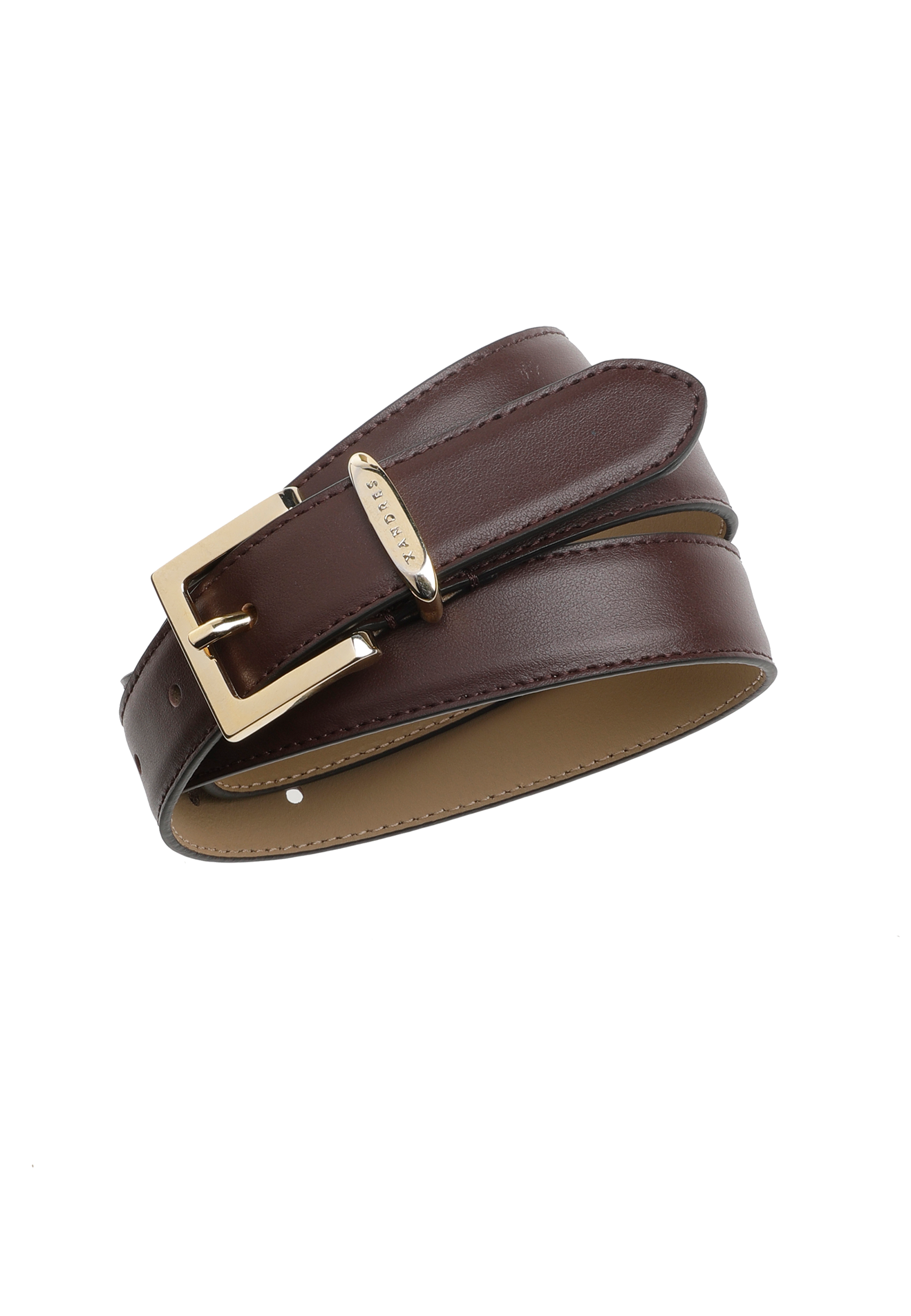 Brown leather belt with a gold-colored buckle.