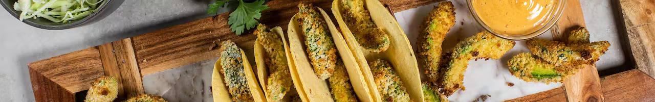 Air-Fried Avocado Street Tacos with Pickled Red Onions and Crema