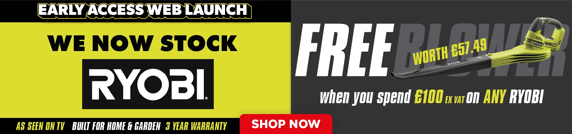 Ryobi stock announcement with free blower promotion for purchases over a certain amount.