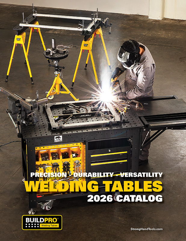 Welding tables catalog cover featuring a welder and welding equipment.