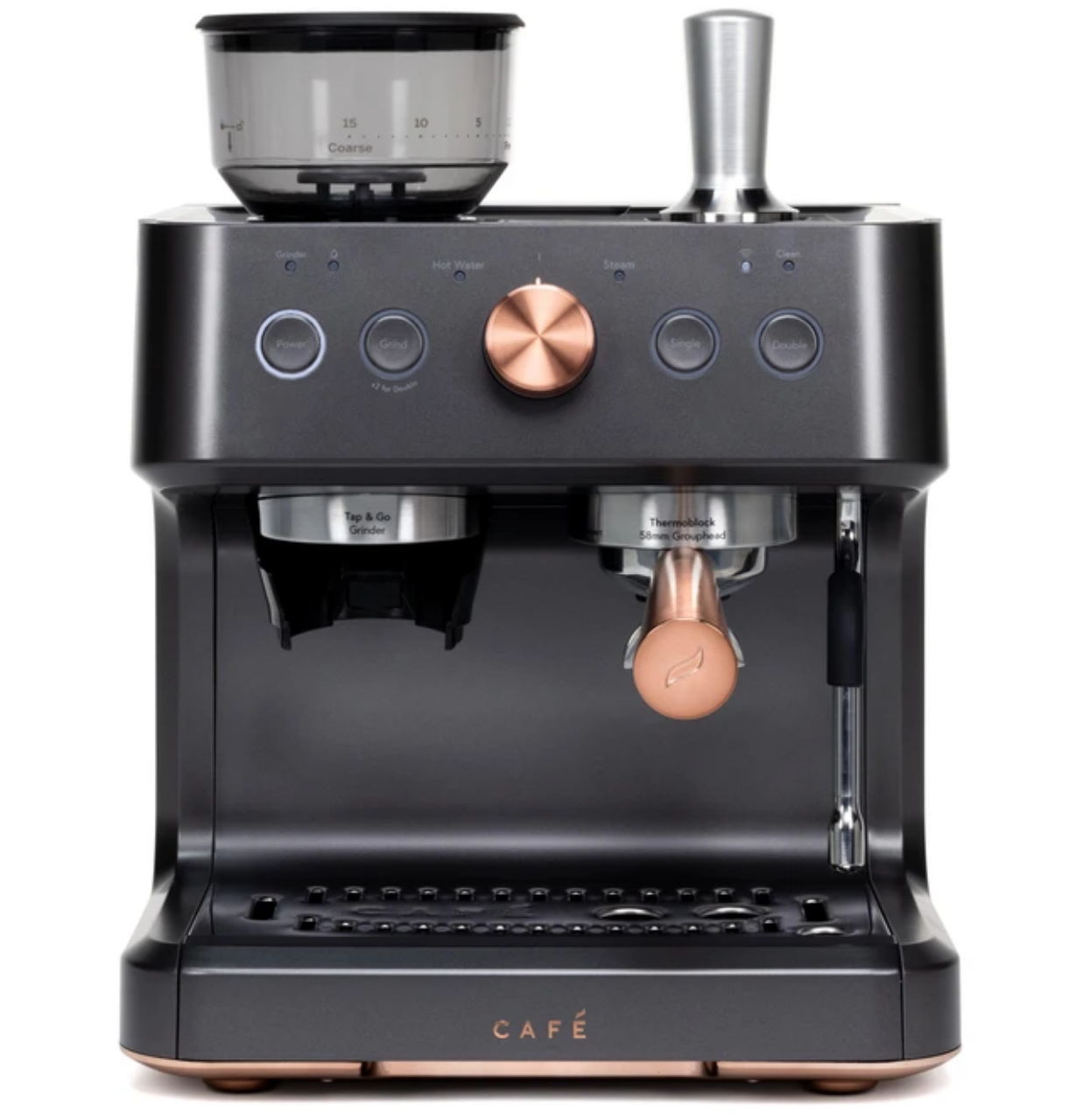 Coffee machine with a grinder and controls in a sleek black design.