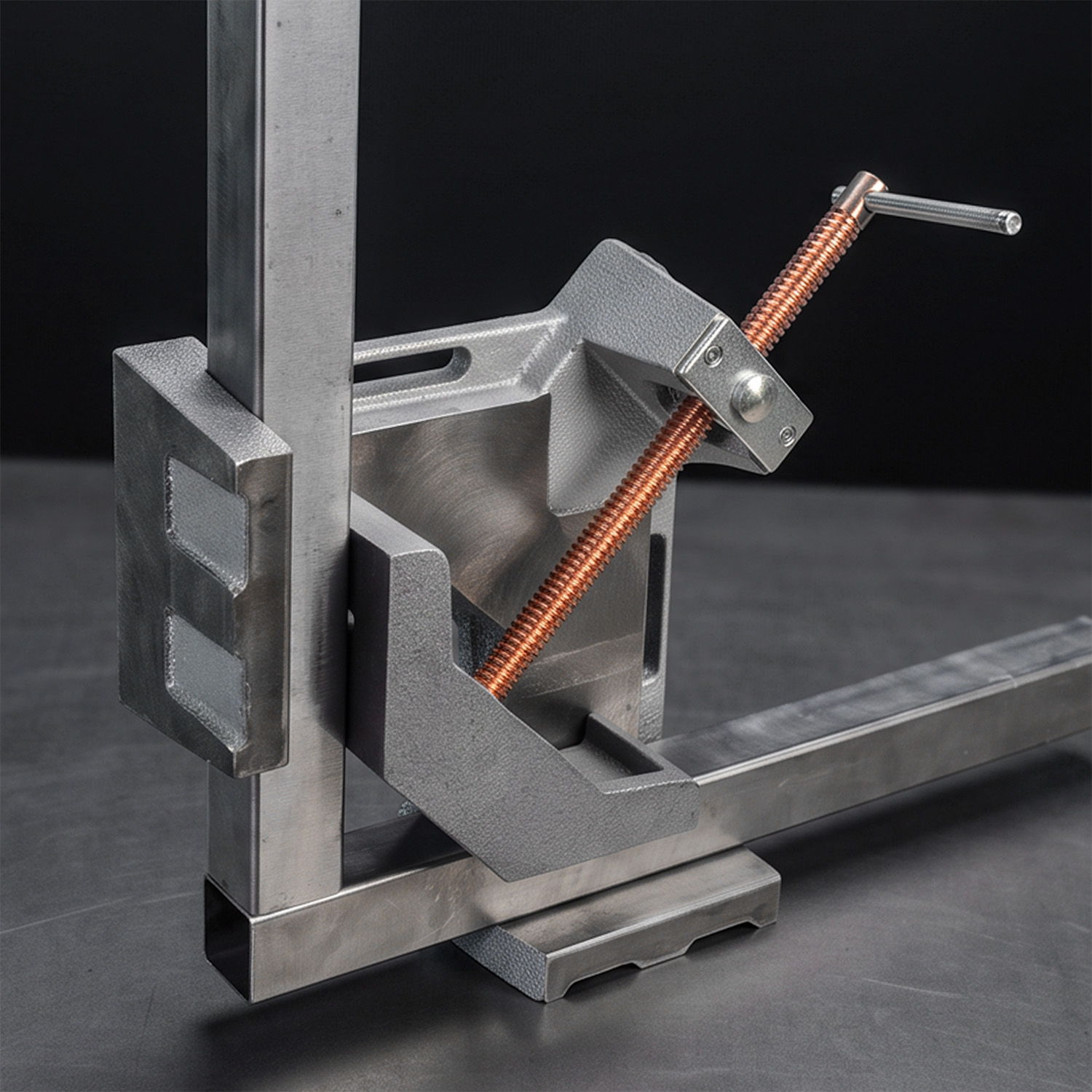 Metal clamping tool for precise measurements and adjustments in construction.