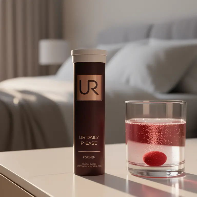 A glass of water with UR Daily P-Ease on a bedroom table.