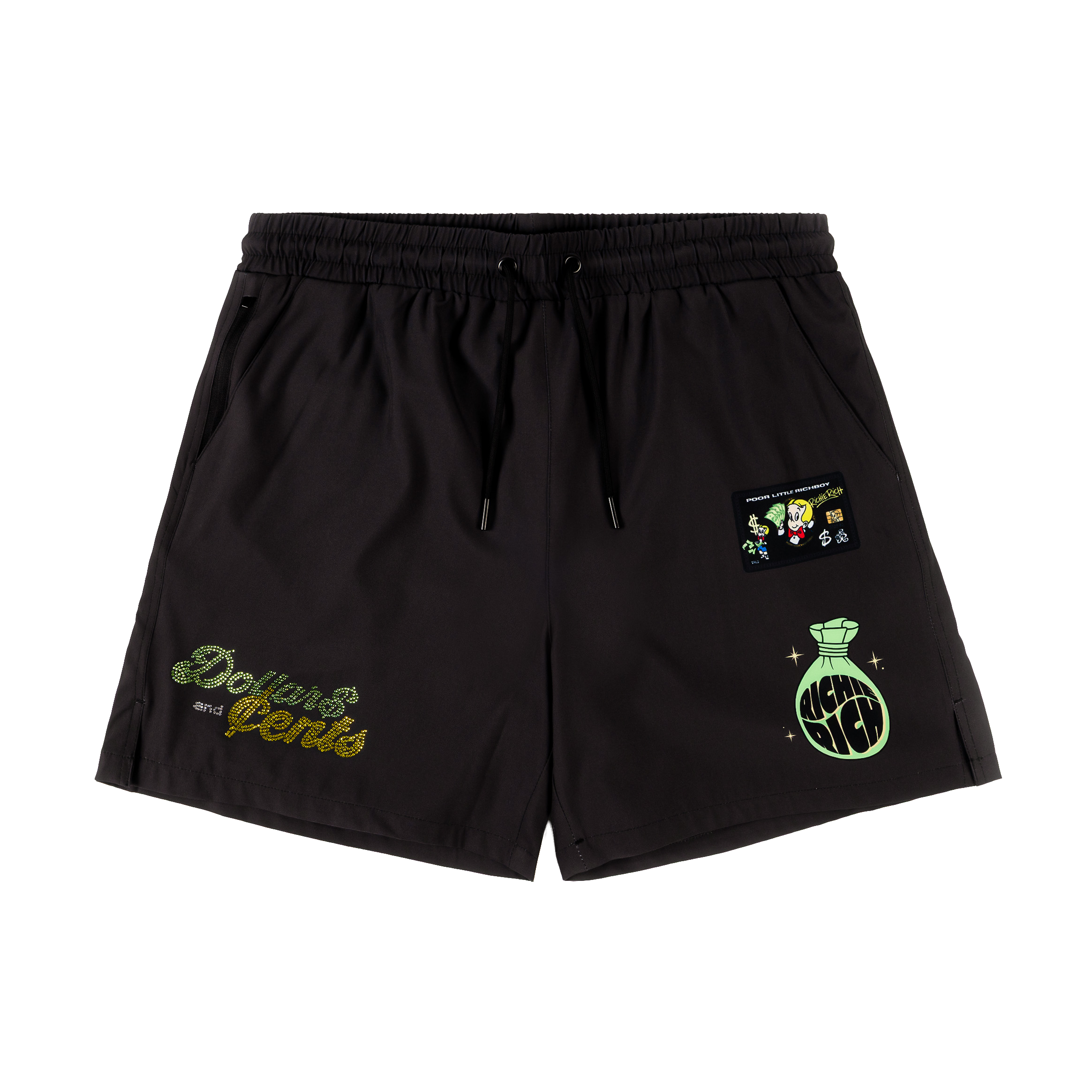 Black shorts with colorful graphics and text.