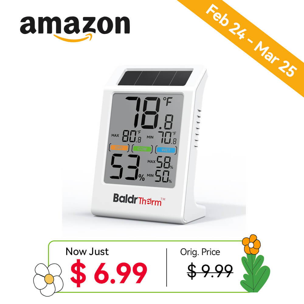 Digital thermometer display with pricing and promotional details for Amazon.