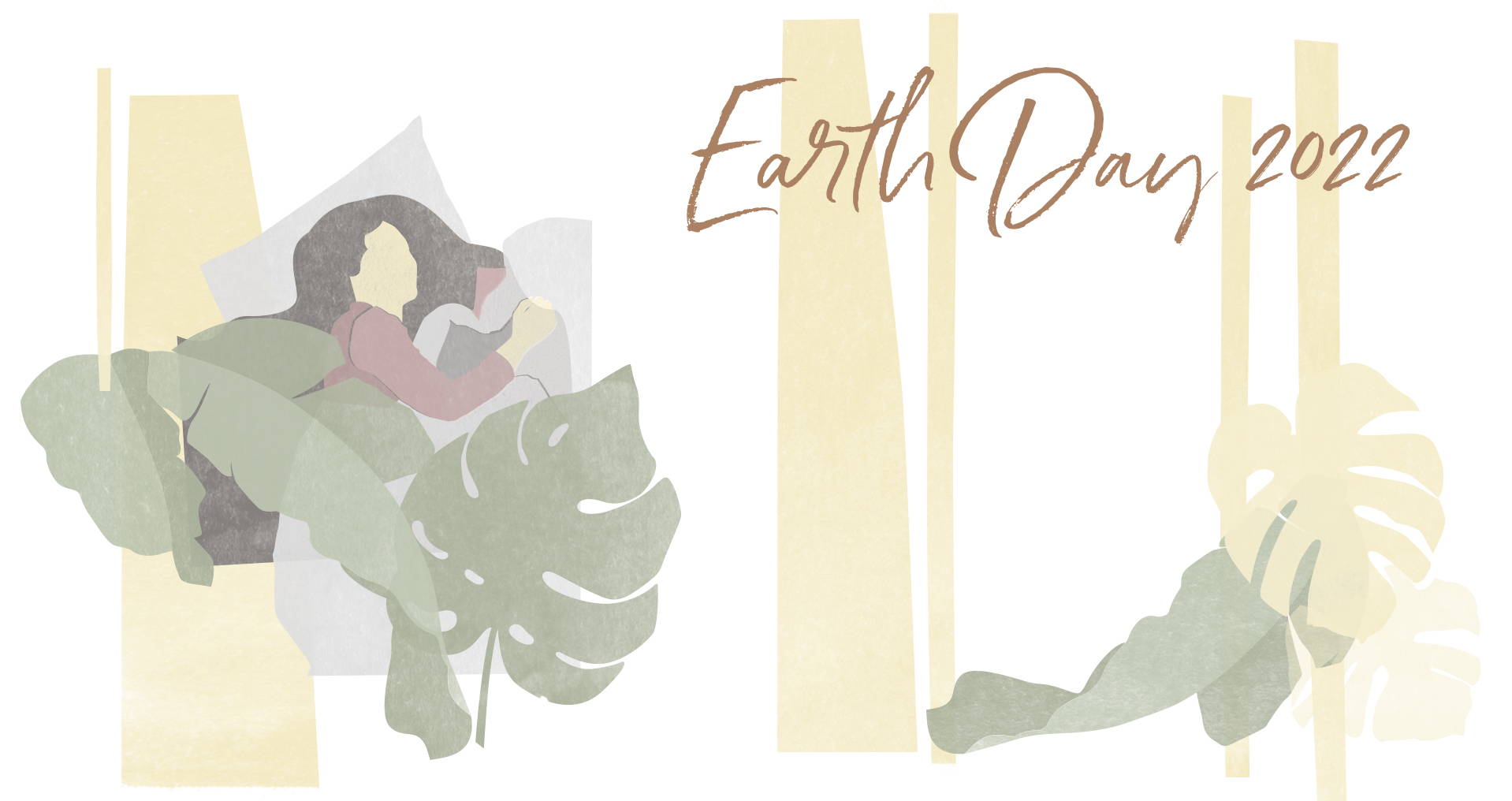 Illustration mit Frau in Bettwäsche unter Blättern zum Earth Day 2022