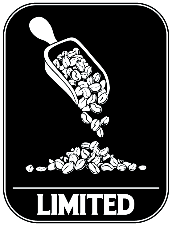 Illustrative medallion showing a scoop of coffee beans suspended in mid-air and pouring coffee beans into a small mound under it as if an hourglass with the word Limited below it.