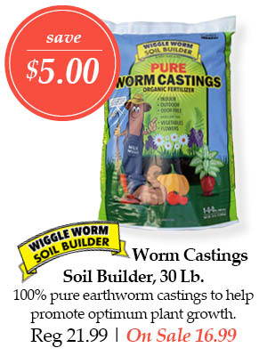 Wiggle Worm Castings Soil Builder, 30-pound - Save $5.00! 100% pure earthworm castings to help promote optimum plant growth. | Regular price $21.99. On Sale $16.99
