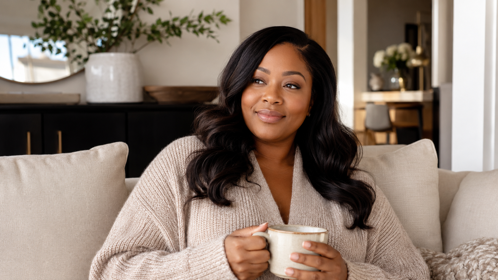 Smiling woman in a cozy setting, holding a mug.