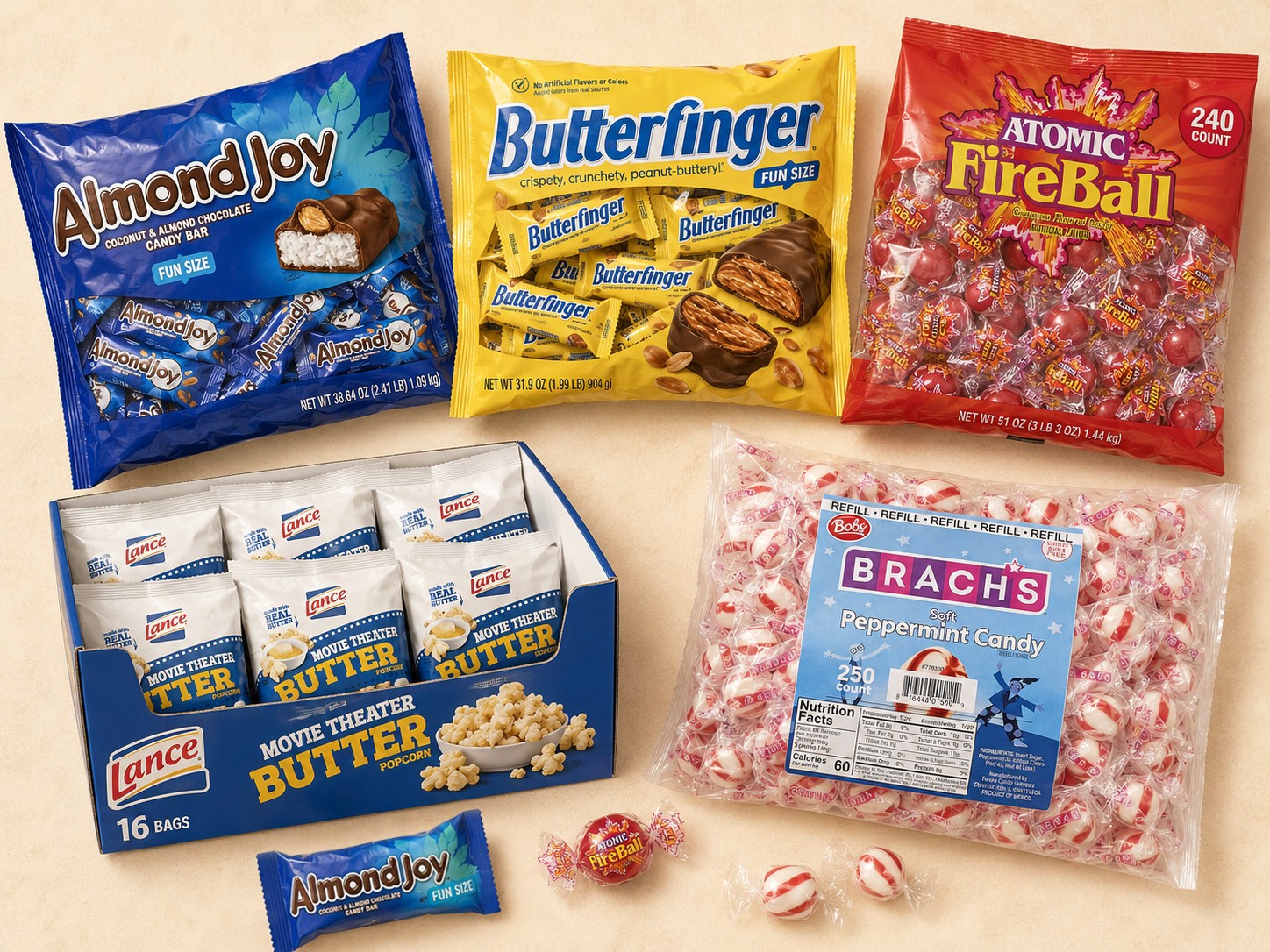 Trunk-or-Treat Hero bulk candy bundle for churches: Almond Joy and Butterfinger fun size, Atomic FireBalls, Lance Movie Theater Butter Popcorn, and Brach's Soft Peppermint