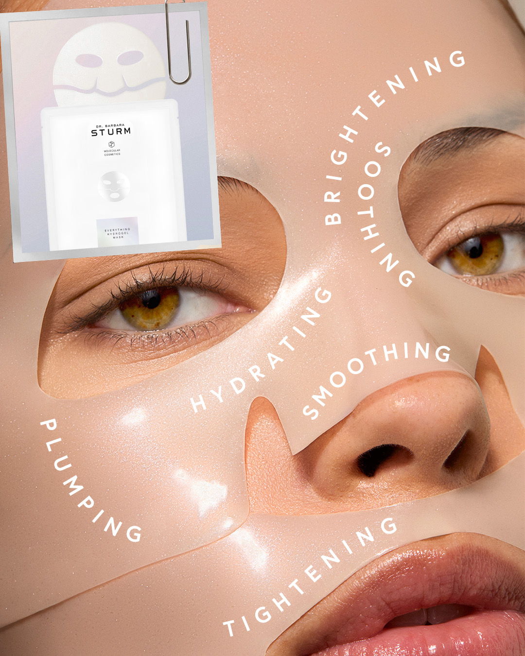 Woman applying a facial mask with benefits labeled around her face.