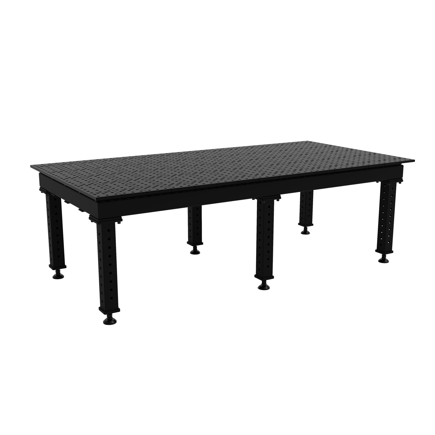 Black work table with a perforated surface and sturdy legs.