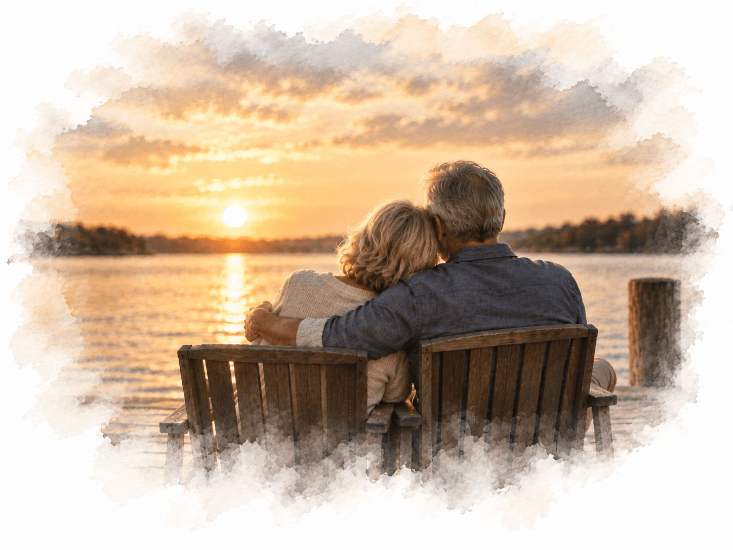 Couple sitting on a bench watching a sunset over the water.