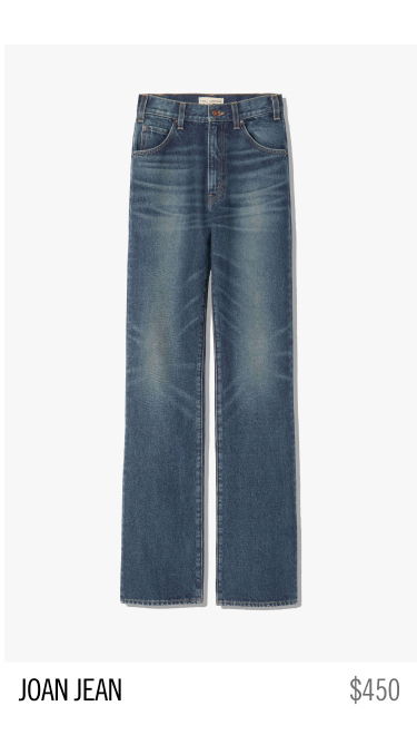 Blue straight-leg jeans priced at $450, labeled 