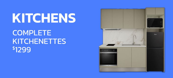 Modern kitchen display with text promoting complete kitchenettes for $1299.